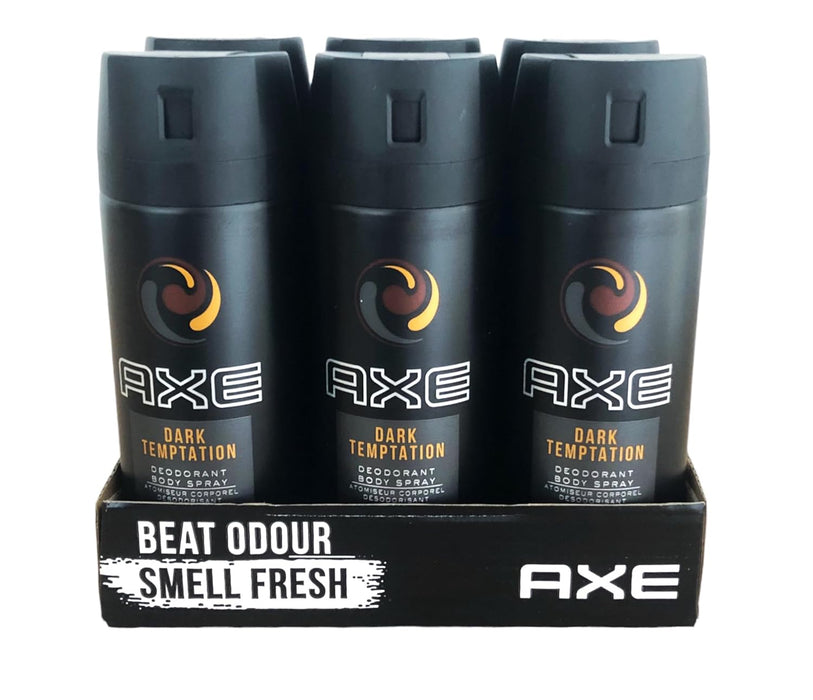 AXE Dark Temptation Desodorante y Body Spray para Hombre, Pack de 6x150ml (900ml). Una fragancia irresistible con notas de chocolate caliente, ámbar y pimienta roja para un olor duradero. Axe - frontal