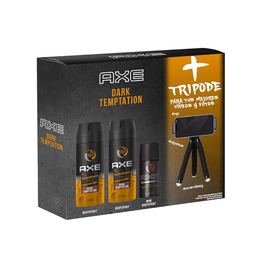 AXE Dark Temptation Pack de Regalo Trípode para Hombre. Incluye dos desodorantes bodyspray de 150ml y un práctico formato de viaje de 35ml para una frescura irresistible en casa y fuera. Axe - frontal
