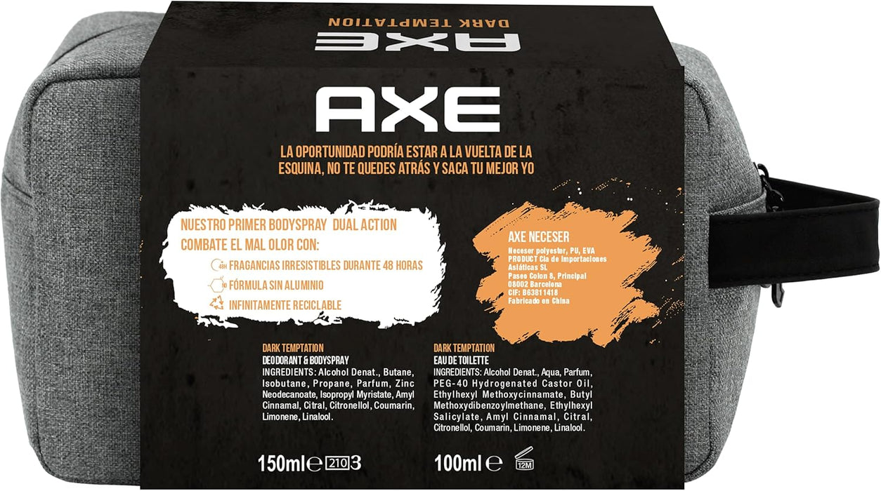 AXE Dark Temptation Set de Regalo para Hombre con Neceser. El pack completo con la fragancia de chocolate más irresistible: incluye Bodyspray de 150ml y Eau de Toilette de 100ml. Axe - extra