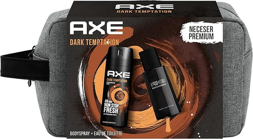 AXE Dark Temptation Set de Regalo para Hombre con Neceser. El pack completo con la fragancia de chocolate más irresistible: incluye Bodyspray de 150ml y Eau de Toilette de 100ml. Axe - frontal