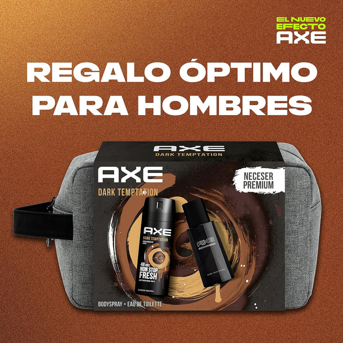 AXE Dark Temptation Set de Regalo para Hombre con Neceser. El pack completo con la fragancia de chocolate más irresistible: incluye Bodyspray de 150ml y Eau de Toilette de 100ml. Axe - lateral