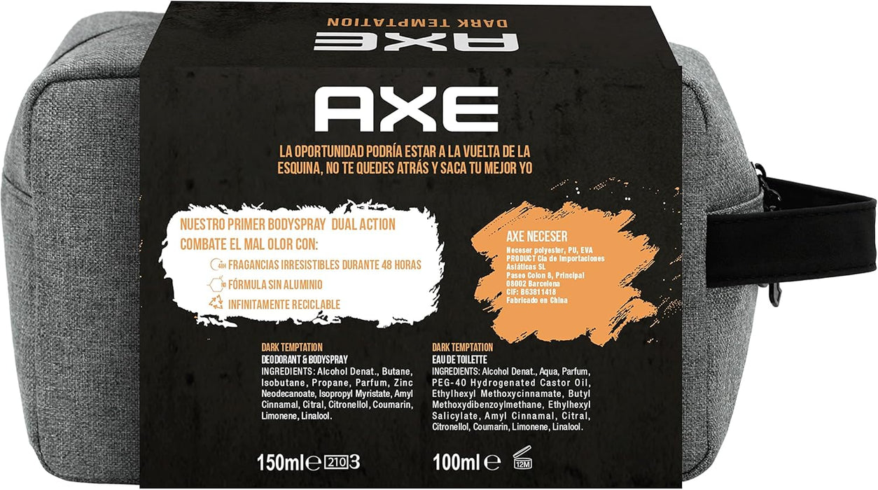 AXE Dark Temptation Set de Regalo para Hombre con Neceser. El pack completo con la fragancia de chocolate más irresistible: incluye Bodyspray de 150ml y Eau de Toilette de 100ml. Axe - pack