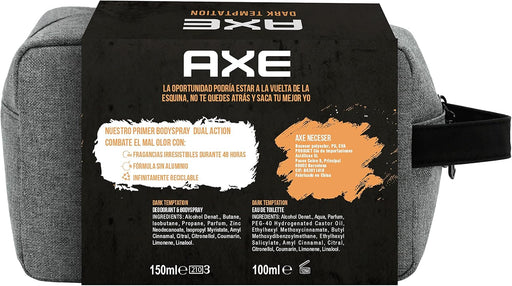 AXE Dark Temptation Set de Regalo para Hombre con Neceser. El pack completo con la fragancia de chocolate más irresistible: incluye Bodyspray de 150ml y Eau de Toilette de 100ml. Axe - pack