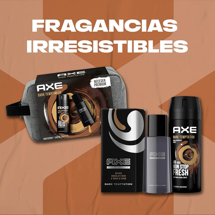 AXE Dark Temptation Set de Regalo para Hombre con Neceser. El pack completo con la fragancia de chocolate más irresistible: incluye Bodyspray de 150ml y Eau de Toilette de 100ml. Axe - uso