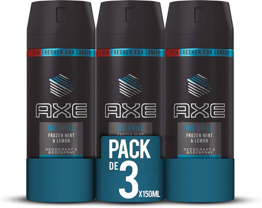 AXE Ice Chill Desodorante Bodyspray para Hombre, Pack Ahorro 3x150ml (450ml). Protección 48h y frescor instantáneo con aroma a menta y limón helados. Axe - frontal
