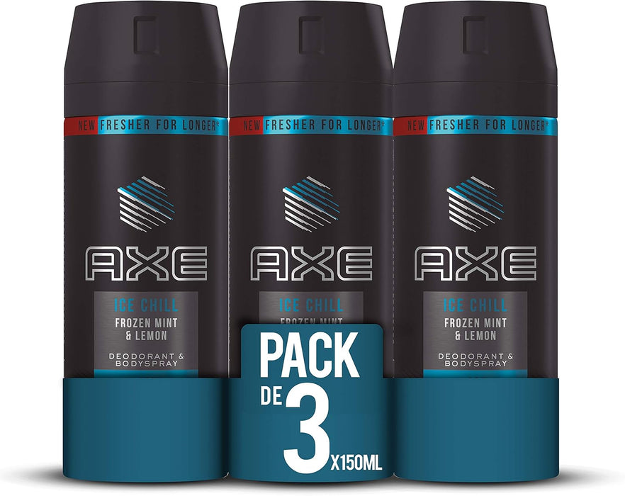 AXE Ice Chill Desodorante Bodyspray para Hombre, Pack Ahorro 3x150ml (450ml). Protección 48h y frescor instantáneo con aroma a menta y limón helados. Axe - frontal