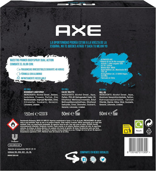 AXE Ice Chill Music Box, Set de Regalo para Hombre con Altavoz Inalámbrico. El regalo definitivo que combina la fragancia más fresca con música: incluye Bodyspray, Eau de Toilette, Roll-On y altavoz. Axe - pack