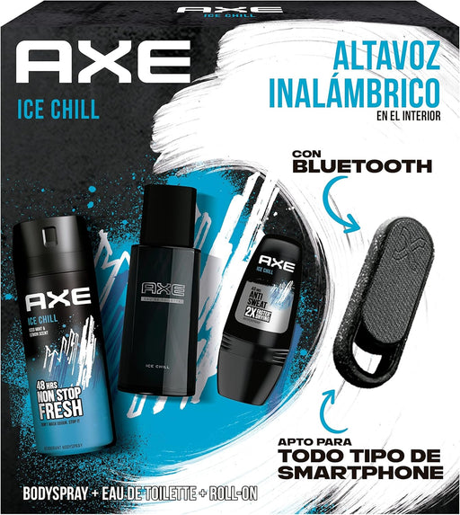 AXE Ice Chill Music Box, Set de Regalo para Hombre con Altavoz Inalámbrico. El regalo definitivo que combina la fragancia más fresca con música: incluye Bodyspray, Eau de Toilette, Roll-On y altavoz. Axe - frontal