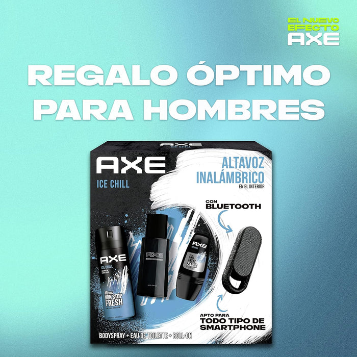 AXE Ice Chill Music Box, Set de Regalo para Hombre con Altavoz Inalámbrico. El regalo definitivo que combina la fragancia más fresca con música: incluye Bodyspray, Eau de Toilette, Roll-On y altavoz. Axe - lateral