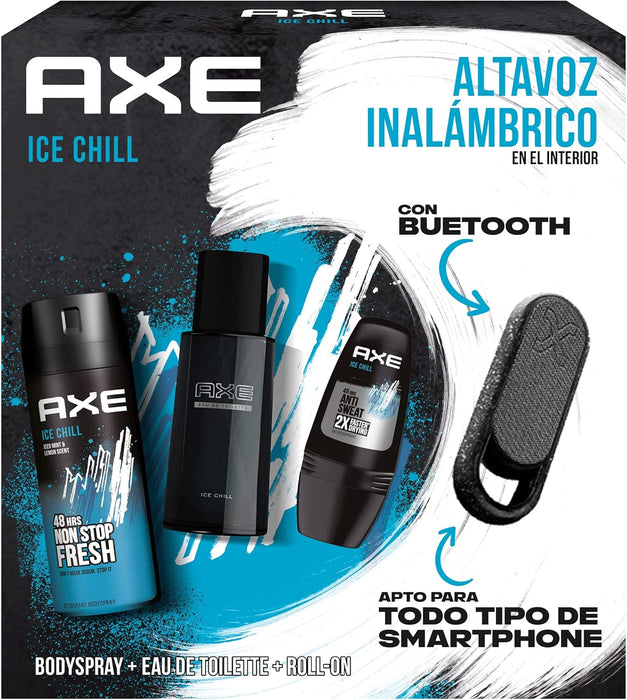 AXE Ice Chill Music Box, Set de Regalo para Hombre con Altavoz Inalámbrico. El regalo definitivo que combina la fragancia más fresca con música: incluye Bodyspray, Eau de Toilette, Roll-On y altavoz. Axe - presentacion