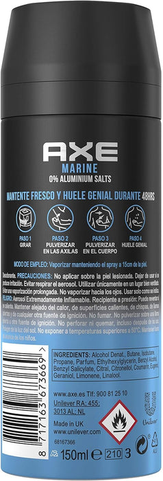 AXE Marine Desodorante Bodyspray, 48h de Protección, Pack de 3x150ml. Fragancia masculina tonificante inspirada en la brisa marina con notas cítricas y amaderadas. Axe - ingredientes