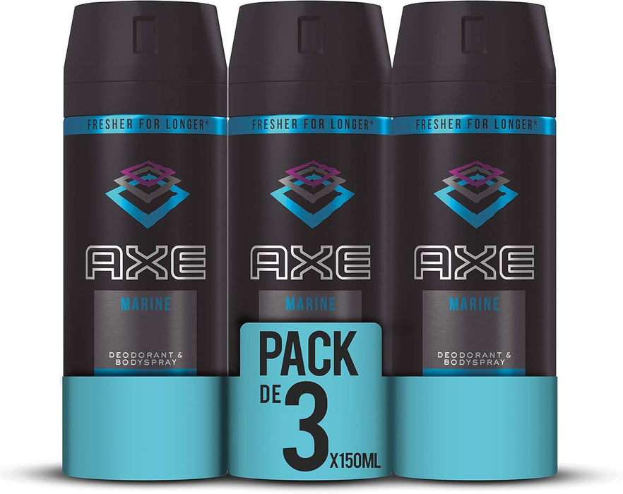 AXE Marine Desodorante Bodyspray, 48h de Protección, Pack de 3x150ml. Fragancia masculina tonificante inspirada en la brisa marina con notas cítricas y amaderadas. Axe - presentacion