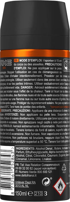 AXE Musk Desodorante Spray Corporal para Hombre, Pack de 6x150ml (900ml). La icónica fragancia a almizcle en un formato ahorro para una protección y frescura total. Axe - ingredientes