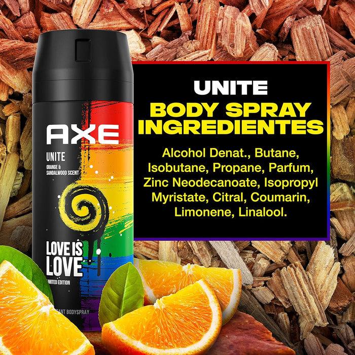 Axe Unity Rock Desodorante Spray Edición Especial (150 ml). Una fragancia unisex refrescante y dulce con notas de sandía, piña, manzana y un fondo amaderado. Axe - ingredientes