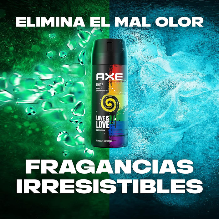 Axe Unity Rock Desodorante Spray Edición Especial (150 ml). Una fragancia unisex refrescante y dulce con notas de sandía, piña, manzana y un fondo amaderado. Axe - lateral