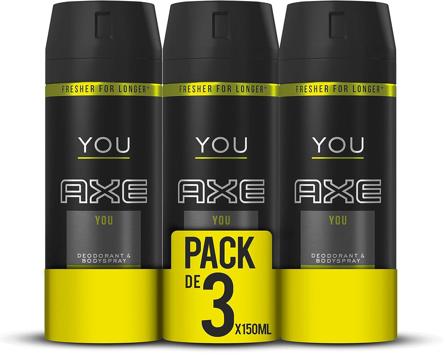 AXE You Desodorante Bodyspray para Hombre, 48h de Protección, Pack de 3x150ml. Fragancia masculina moderna con madera de ámbar y canela especiada. Axe - frontal