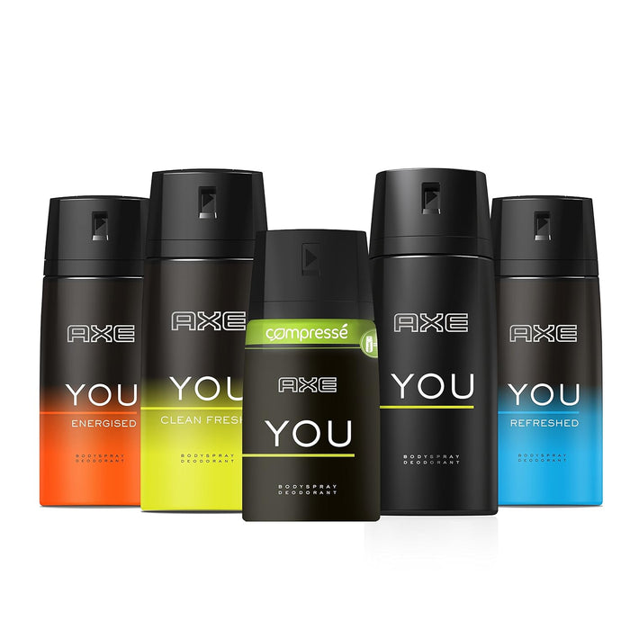 Axe You Energised Desodorante Bodyspray para Hombre, 150 ml. Una fragancia vibrante y enérgica que combina notas de ámbar cálido y pimienta negra para una frescura duradera. Axe - pack