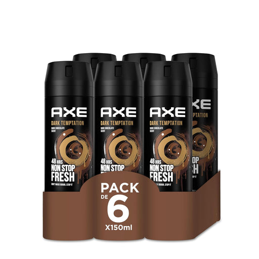 Mega Pack de 6 Desodorantes Axe Dark Temptation (6x150 ml). Bodyspray para hombre con 48h de protección, Tecnología Dual Action y un irresistible aroma a chocolate. Axe - frontal