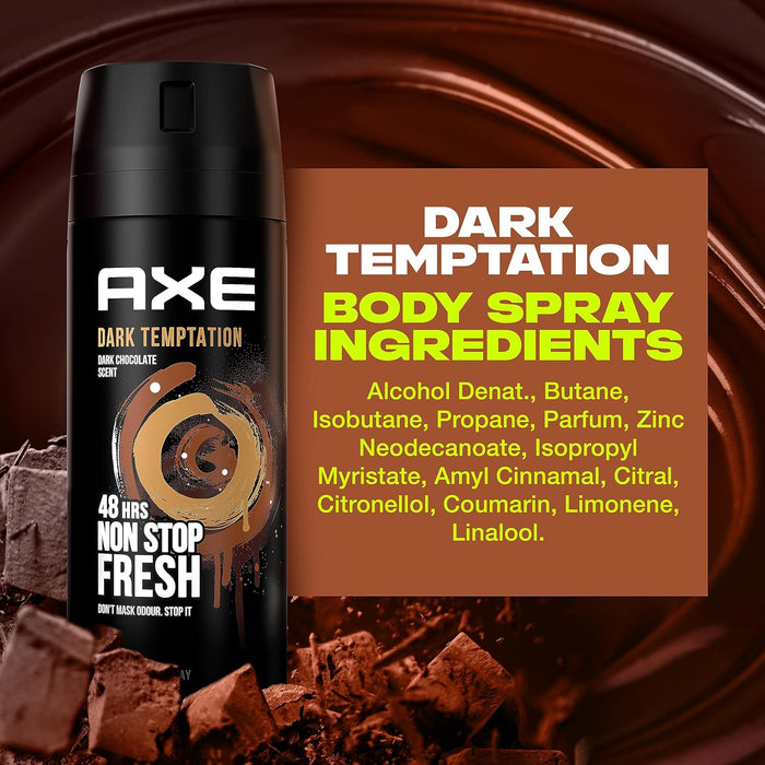 Mega Pack de 6 Desodorantes Axe Dark Temptation (6x150 ml). Bodyspray para hombre con 48h de protección, Tecnología Dual Action y un irresistible aroma a chocolate. Axe - presentacion