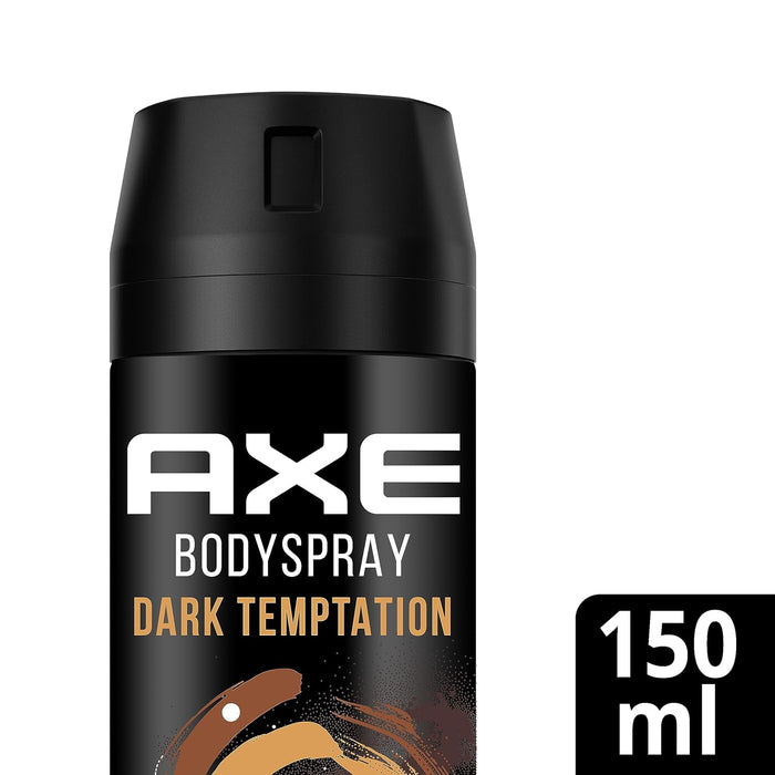Mega Pack de 6 Desodorantes Axe Dark Temptation (6x150 ml). Bodyspray para hombre con 48h de protección, Tecnología Dual Action y un irresistible aroma a chocolate. Axe - uso
