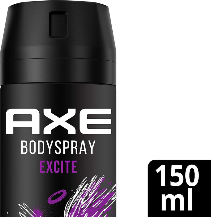 Mega Pack de 6 Desodorantes Axe Excite (6x150 ml). Bodyspray para hombre sin aluminio con un aroma adictivo a coco, avellana y caramelo para una protección de 48h. Axe - lateral