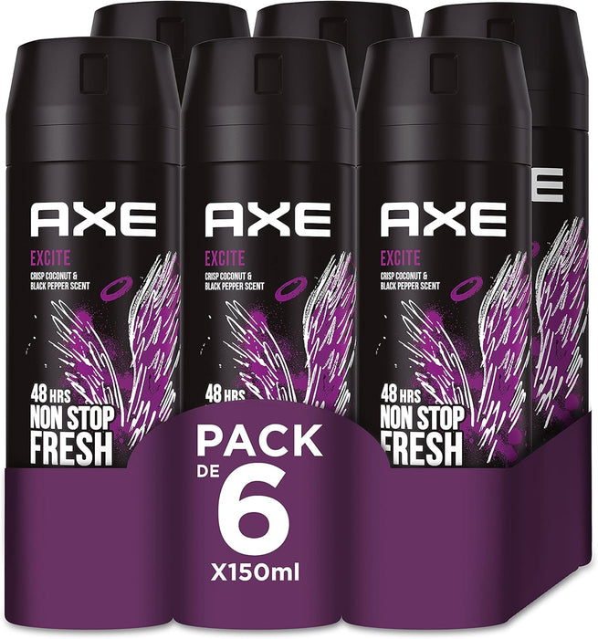 Mega Pack de 6 Desodorantes Axe Excite (6x150 ml). Bodyspray para hombre sin aluminio con un aroma adictivo a coco, avellana y caramelo para una protección de 48h. Axe - uso