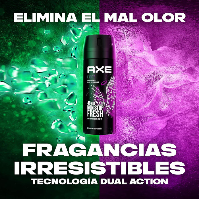 Mega Pack de 6 Desodorantes Axe Excite (6x150 ml). Bodyspray para hombre sin aluminio con un aroma adictivo a coco, avellana y caramelo para una protección de 48h. Axe - zoom