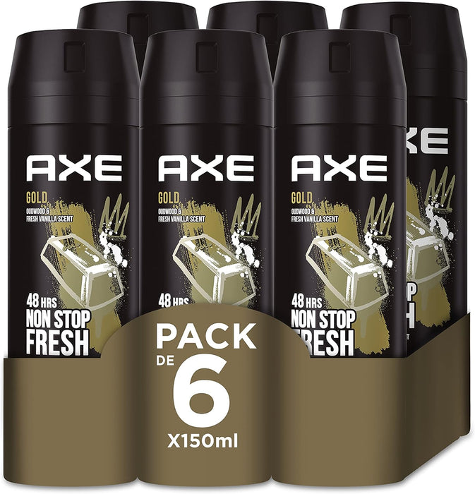 Mega Pack de 6 Desodorantes Axe Gold (6x150 ml). Bodyspray para hombre con 48h de protección, Tecnología Dual Action y un aroma a madera de agar y vainilla. Axe - frontal