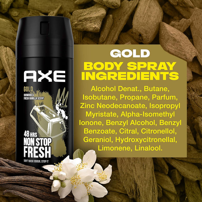 Mega Pack de 6 Desodorantes Axe Gold (6x150 ml). Bodyspray para hombre con 48h de protección, Tecnología Dual Action y un aroma a madera de agar y vainilla. Axe - lateral