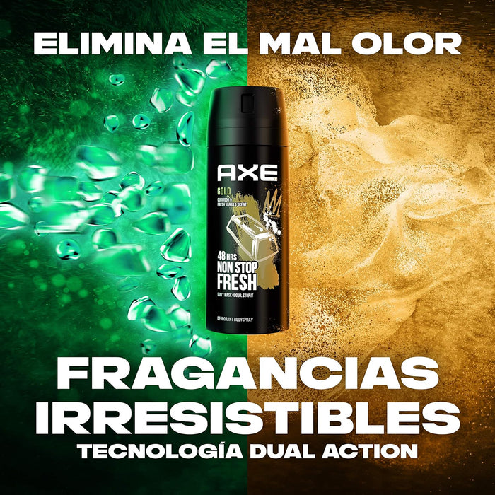 Mega Pack de 6 Desodorantes Axe Gold (6x150 ml). Bodyspray para hombre con 48h de protección, Tecnología Dual Action y un aroma a madera de agar y vainilla. Axe - uso