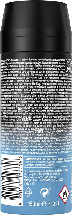 Mega Pack de 6 Desodorantes Axe Ice Chill (6x150 ml). Bodyspray para hombre que baja 6°C la temperatura corporal al instante, con un aroma a menta y limón helado. Axe - detalle
