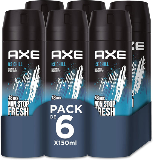 Mega Pack de 6 Desodorantes Axe Ice Chill (6x150 ml). Bodyspray para hombre que baja 6°C la temperatura corporal al instante, con un aroma a menta y limón helado. Axe - frontal
