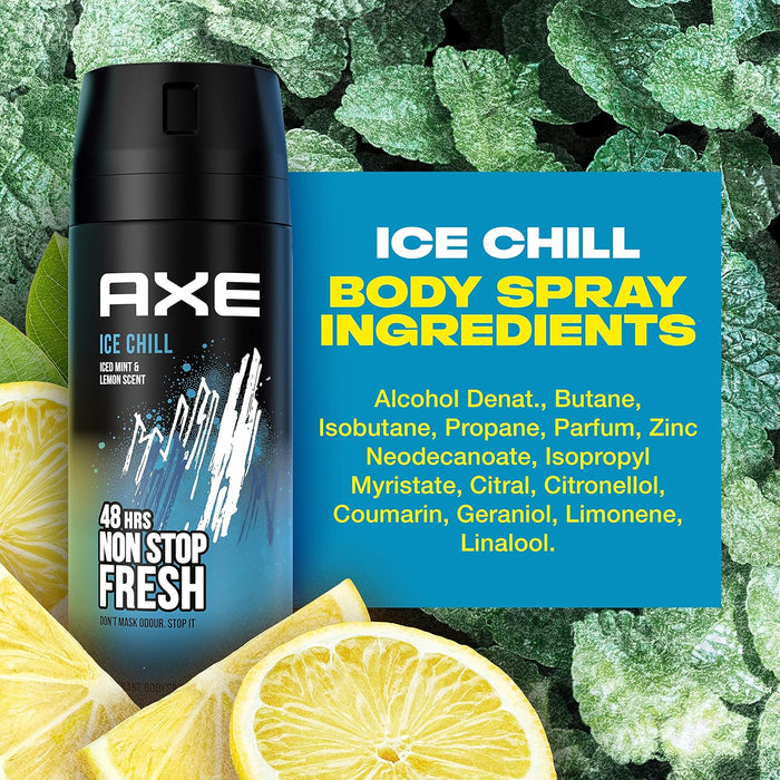 Mega Pack de 6 Desodorantes Axe Ice Chill (6x150 ml). Bodyspray para hombre que baja 6°C la temperatura corporal al instante, con un aroma a menta y limón helado. Axe - presentacion