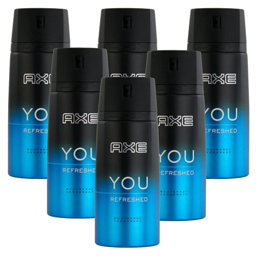 Mega Pack de 6 Desodorantes Axe You Refreshed (6x150 ml). Un bodyspray con una fragancia masculina, limpia y revitalizante para una máxima protección y frescura. Axe - frontal
