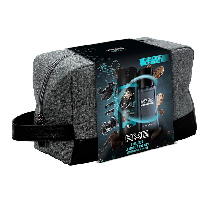 Neceser de Regalo para Hombre AXE Leather & Cookies. Un set de aseo que incluye un Desodorante Bodyspray de 150 ml, un Eau de Toilette de 100 ml y un práctico neceser. Axe - frontal