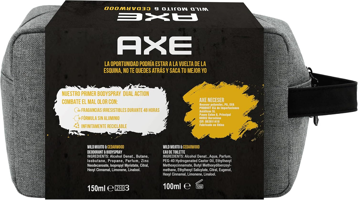 Neceser de Regalo para Hombre AXE Wild Mojito & Cedarwood. Un set completo con Desodorante Bodyspray 150 ml, Eau de Toilette 100 ml y una moderna bolsa de aseo. Axe - extra