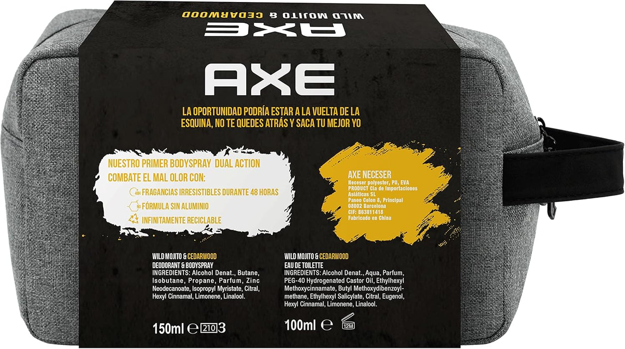 Neceser de Regalo para Hombre AXE Wild Mojito & Cedarwood. Un set completo con Desodorante Bodyspray 150 ml, Eau de Toilette 100 ml y una moderna bolsa de aseo. Axe - pack