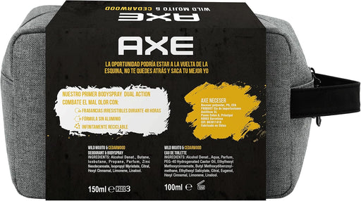 Neceser de Regalo para Hombre AXE Wild Mojito & Cedarwood. Un set completo con Desodorante Bodyspray 150 ml, Eau de Toilette 100 ml y una moderna bolsa de aseo. Axe - pack