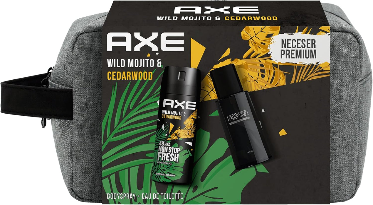 Neceser de Regalo para Hombre AXE Wild Mojito & Cedarwood. Un set completo con Desodorante Bodyspray 150 ml, Eau de Toilette 100 ml y una moderna bolsa de aseo. Axe - presentacion