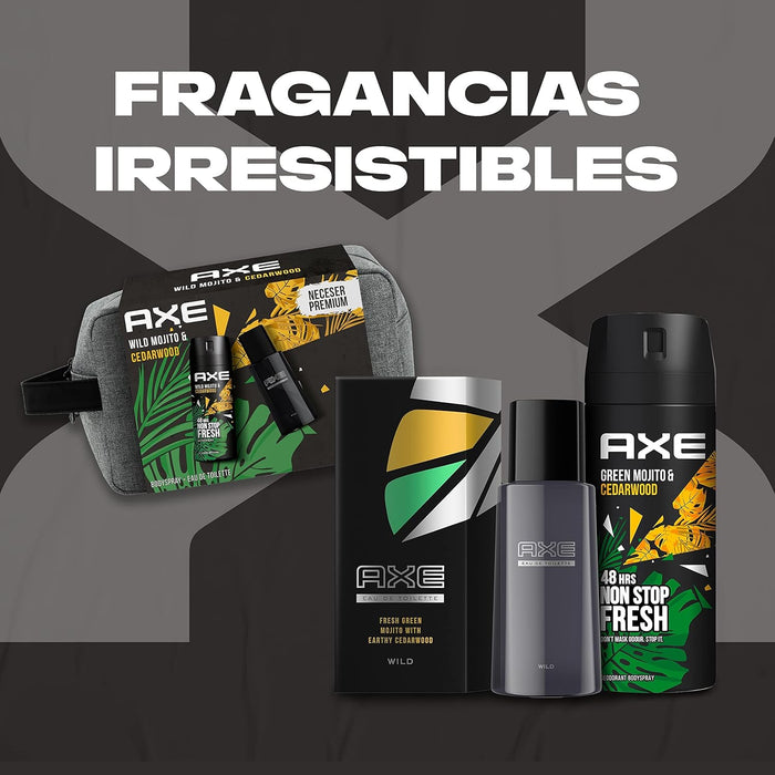 Neceser de Regalo para Hombre AXE Wild Mojito & Cedarwood. Un set completo con Desodorante Bodyspray 150 ml, Eau de Toilette 100 ml y una moderna bolsa de aseo. Axe - uso