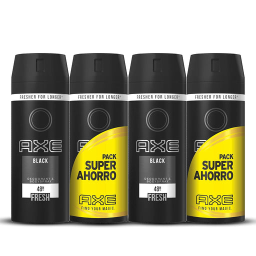 Pack Ahorro de 4 Desodorantes Axe Black (4x150ml, Total 600ml). La fragancia masculina y sofisticada de bergamota, pera y cedro que te protege y te viste para cualquier ocasión. Axe - frontal