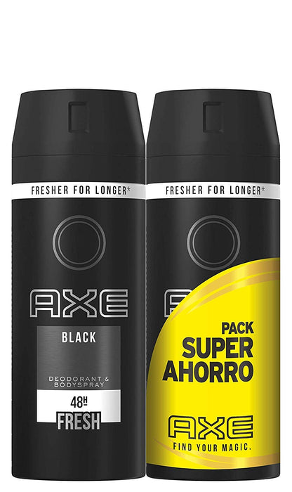 Pack Ahorro de 4 Desodorantes Axe Black (4x150ml, Total 600ml). La fragancia masculina y sofisticada de bergamota, pera y cedro que te protege y te viste para cualquier ocasión. Axe - pack