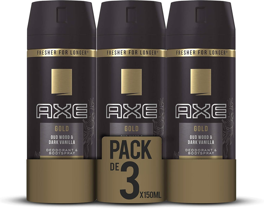 Pack de 2 Desodorantes Axe Gold (2x150 ml). Una fragancia masculina y sofisticada con madera de agar y vainilla negra que te ofrece hasta 48 horas de protección. Axe - detalle