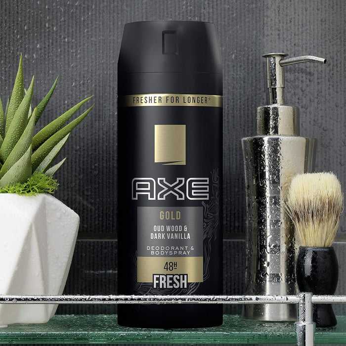 Pack de 2 Desodorantes Axe Gold (2x150 ml). Una fragancia masculina y sofisticada con madera de agar y vainilla negra que te ofrece hasta 48 horas de protección. Axe - extra