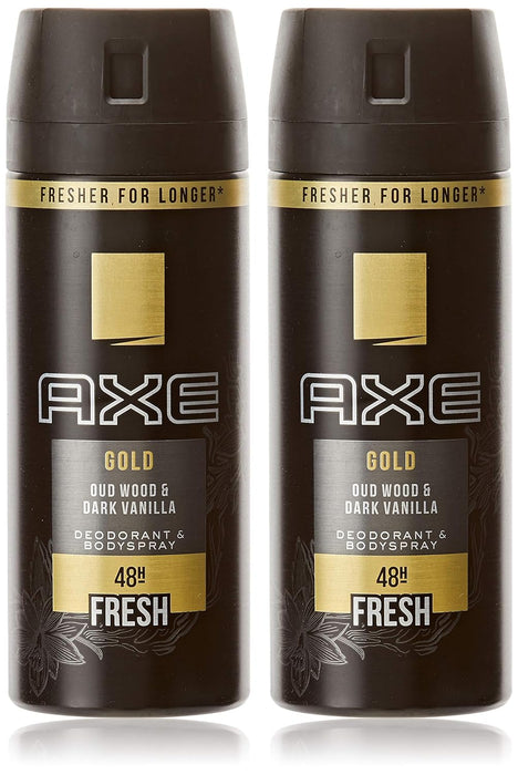 Pack de 2 Desodorantes Axe Gold (2x150 ml). Una fragancia masculina y sofisticada con madera de agar y vainilla negra que te ofrece hasta 48 horas de protección. Axe - frontal