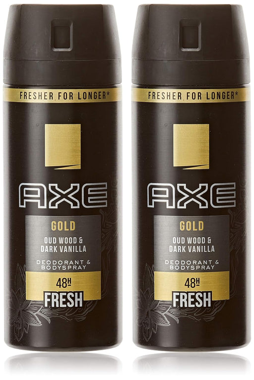 Pack de 2 Desodorantes Axe Gold (2x150 ml). Una fragancia masculina y sofisticada con madera de agar y vainilla negra que te ofrece hasta 48 horas de protección. Axe - frontal