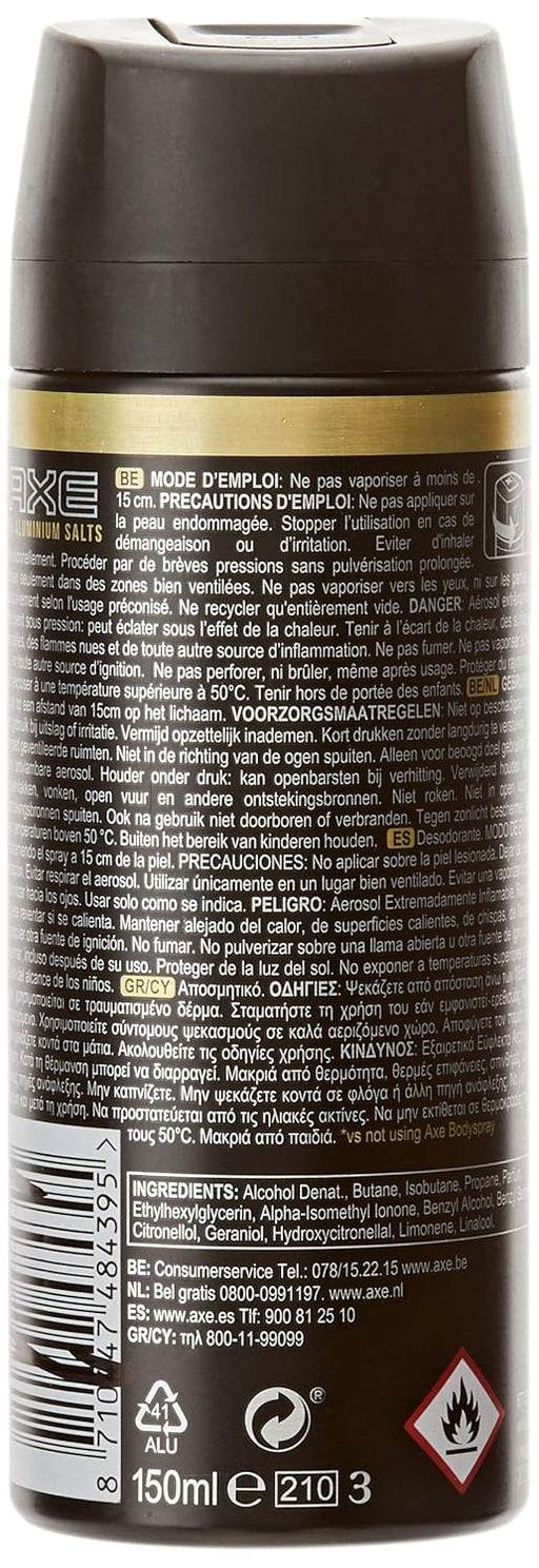 Pack de 2 Desodorantes Axe Gold (2x150 ml). Una fragancia masculina y sofisticada con madera de agar y vainilla negra que te ofrece hasta 48 horas de protección. Axe - pack