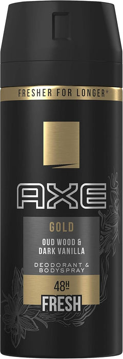 Pack de 2 Desodorantes Axe Gold (2x150 ml). Una fragancia masculina y sofisticada con madera de agar y vainilla negra que te ofrece hasta 48 horas de protección. Axe - zoom