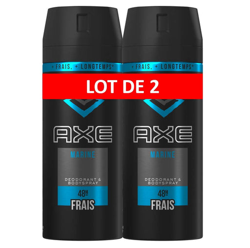 Pack de 2 Desodorantes Axe Marine (2x150 ml, Total 300 ml). Una fragancia sofisticada y refrescante con notas de bergamota y pera para una frescura masculina duradera. Axe - frontal