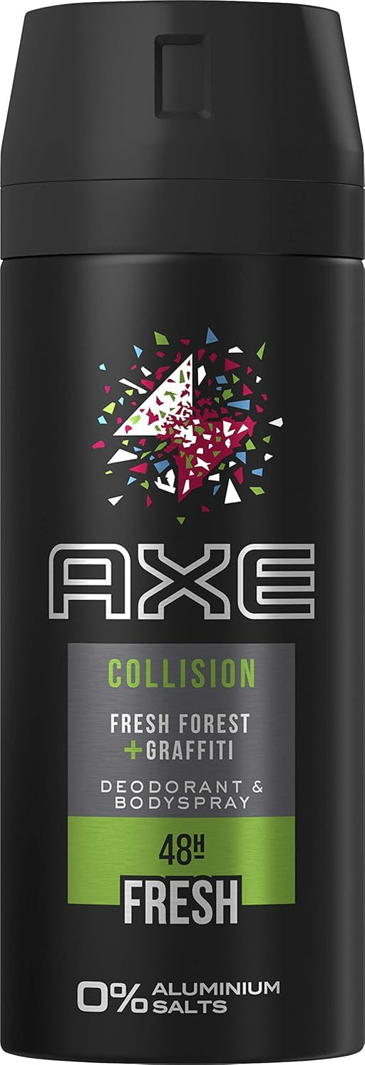 Pack de 3 Desodorantes Axe Collision Fresh Forest & Graffiti, 3x150 ml. Una fragancia inesperada sin sales de aluminio para una protección y frescura de larga duración. Axe - frontal